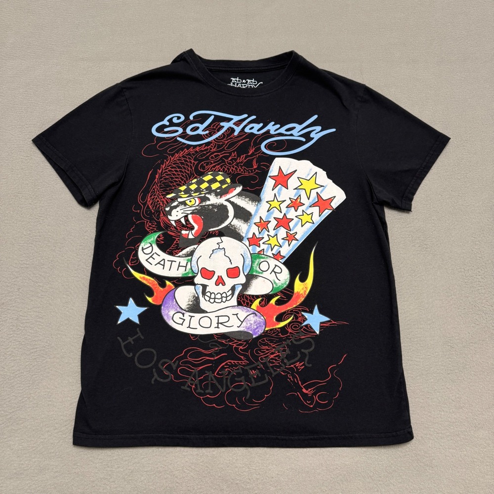 Ed Hardy T Shirt Mens S Black Death Or Glory Graphic Tattoo Streetwear Tee